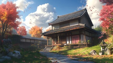 A serene traditional Japanese house surrounded by vibrant autumn foliage and a peaceful garden.