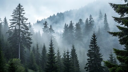 Fototapeta premium Misty Forest with Tall Trees and Fog – Enchanting and Mysterious Nature Scene