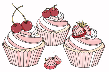 Photorealistic cupcakes, soft pink frosting, fresh fruit toppings, cherries and strawberries, pastel cupcake liners, white background, studio lighting, high detail, food photography, appetizing, sweet