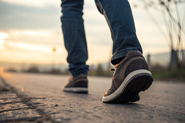 A person walks on a path during sunset, showcasing a tranquil moment with nature and a focus on footwear.