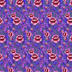 Abstract red and pink flowers, dark purple and violet leaves and branches. Beautiful seamless watercolor pattern, bright and dark texture on a gray background.