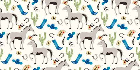 Cowboy wild west seamless pattern with hat, horse, boots, sheriff badge, revolver, playing cards, horseshoe and cactus. Cute hand drawing illustration for packaging, wrapping paper or textile design