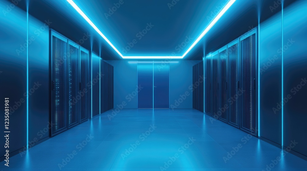 Poster minimalist server room with glowing blue lights, sleek racks, and reflective tiled floors, creating 