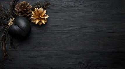 Fototapeta premium Black heart ornament, natural pinecone, and golden flower arranged on a dark wooden surface for elegant holiday decoration.