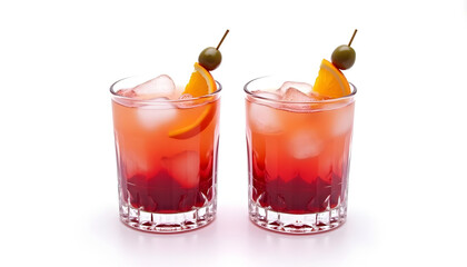 Dos vasos de vermut rojo sobre fondo blanco