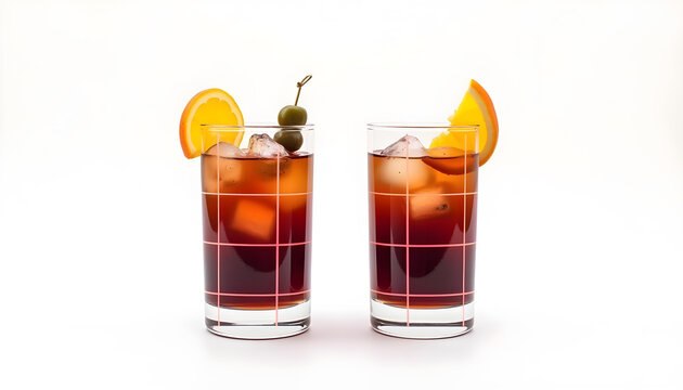 Dos vasos de vermut rojo sobre fondo blanco