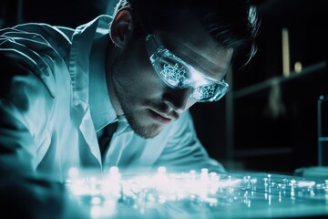 Fototapeta premium Scientist examines glowing circuit board in laboratory during late night research session