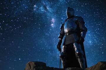 Naklejka premium Knight in shining armor stands beneath a starry sky on a rocky outcrop at night