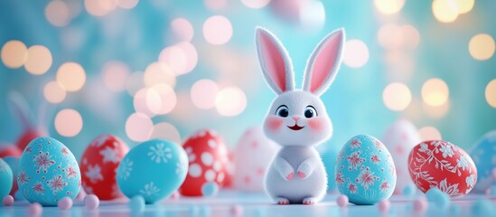 Obraz premium A cute white Easter bunny stands among decorated blue and red eggs with floral patterns, set against a soft, glowing bokeh background. A joyful and festive spring scene.