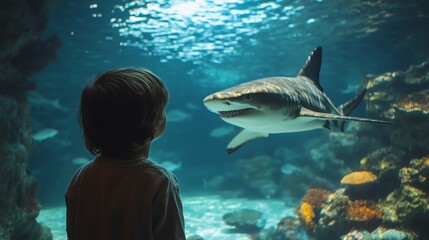 A child gazes in wonder at a shark gracefully swimming in a large aquarium exhibit, a moment of pure fascination and awe.