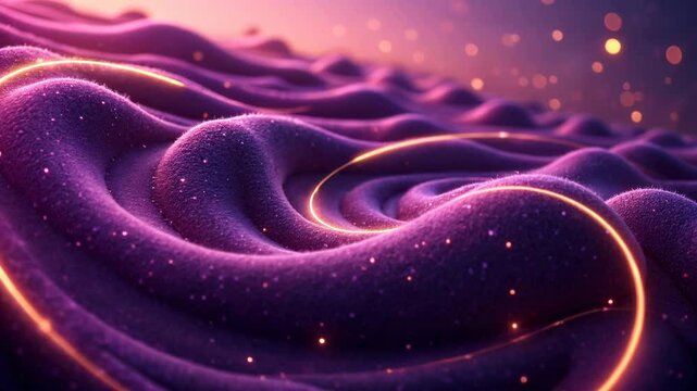Purple and gold wave with lots of sequins. The wave is very long and appears to be made of fabric. The wave is shimmering and glowing. Ai Video