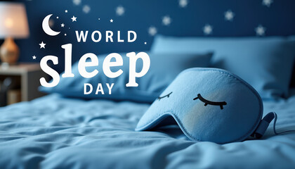 Promotional banner for World Sleep Day featuring soft bedding and a sleep mask, urging better sleep awareness and relaxation techniques.