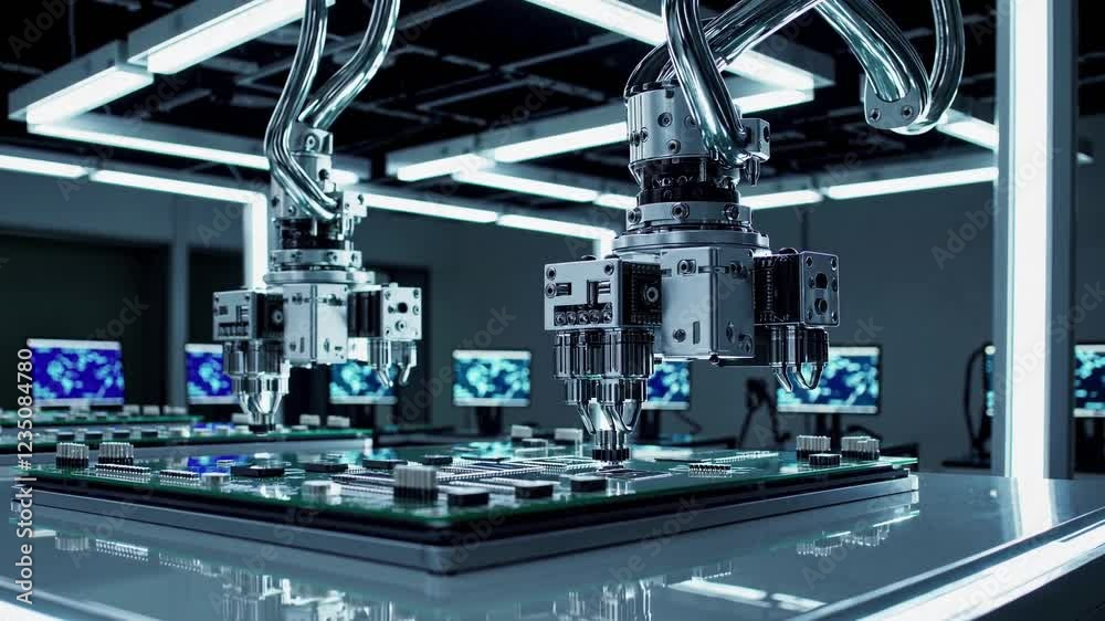 Poster advanced robotics in high-tech factory assembly line environment
