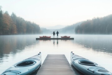 Obraz premium serene lake surrounded by kayaks available for rent couple walking towards dock in background and copy space
