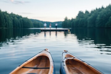 serene lake surrounded by kayaks available for rent couple walking towards dock in background and copy space