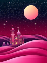 Pink castle on rolling hills under a starry night sky and large moon.