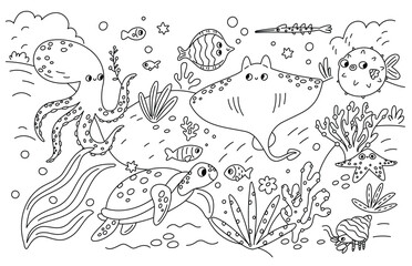 Large coloring page with ocean or sea fish, stingray, octopus, turtle, crab, shells, stars, aquatic plants. Vector children's printable illustration of the underwater world animals