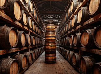 Aged barrels stacked high in a rustic warehouse.