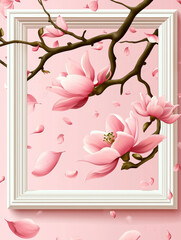 Pink magnolia blossoms and falling petals in a white frame.