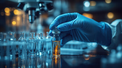 Close-up of a blue-gloved hand holding a liquid-filled glass vial, with various bottles on a table and a light background, capturing a medical and science concept, High resolution photography.