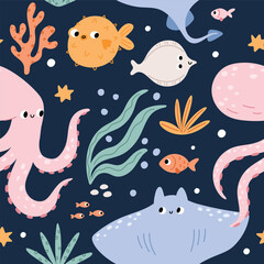 Ocean or sea with cute fish, stingray, octopus, stars. Undersea world print. Vector seamless pattern