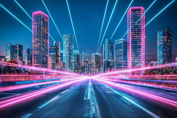 Fototapeta premium Neon city skyline, vibrant light trails streak across an empty highway.
