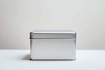 sleek mockup of square tin box with edges centered on smooth white background with even lighting and ample copy space