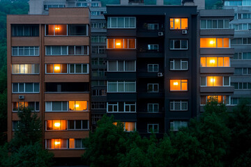 Modern apartment building at night with illuminated windows showcasing energy efficiency, advanced insulation, and sustainable architecture, promoting eco-conscious urban development.