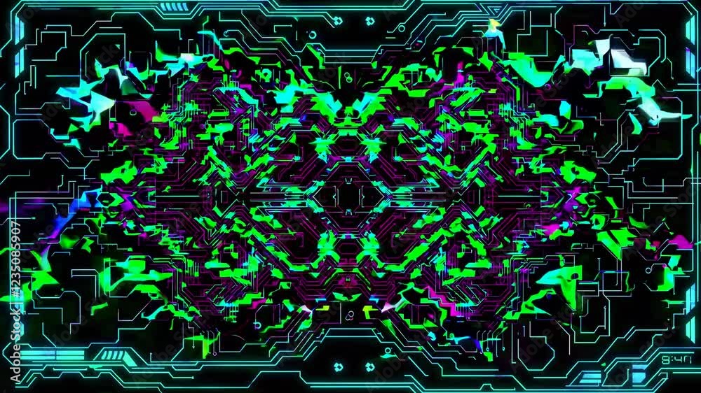 Poster abstract neon circuit design with colorful geometric patterns