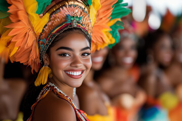 Fototapeta premium Smiling Woman in Colorful Carnival Costume with Elaborate Feathe