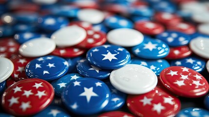 Red, white, and blue vote buttons against a background 