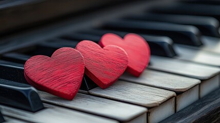 Red wooden hearts on a piano keyboard for a musical Valentine concept. -