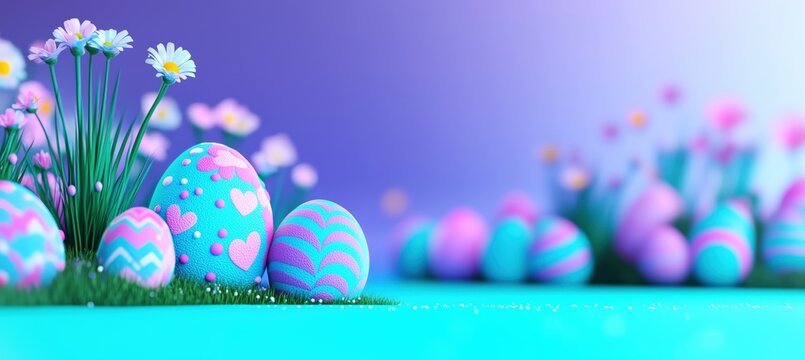 Pastel blue and pink Easter eggs with heart and zigzag patterns rest on green grass, surrounded by daisies against a soft purple background. A bright Eaaster and decorative spring composition.