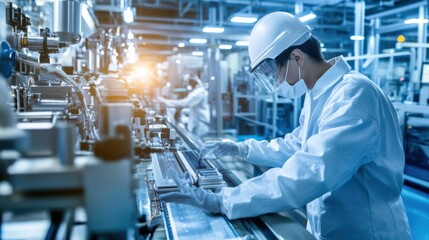 A manufacturing process engineer optimizing production line throughput in a semiconductor fabrication plant, with cleanroom equipment and semiconductor wafers visible