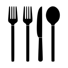Minimalist Black Silhouette Dining Utensils, Fork Knife Spoon Icons, Restaurant Signage, Menu Design, Culinary Logo, Simple Tableware Illustration, Flat Vector Cutlery, Food Service Graphics