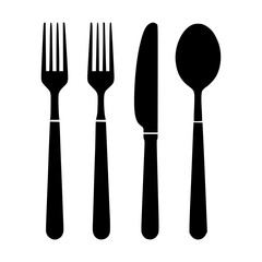 Minimalist Black Silhouette Dining Utensils, Fork Knife Spoon Icons, Restaurant Signage, Menu Design, Culinary Logo, Simple Tableware Illustration, Flat Vector Cutlery, Food Service Graphics