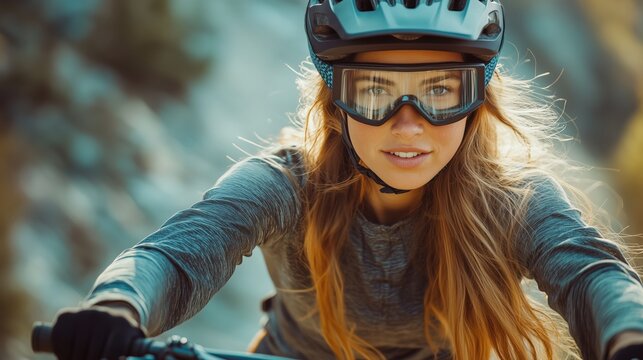 Young woman wearing a helmet and eyewear while enjoying a mountain bike ride in a lush green landscape. Embracing the thrill of cycling.