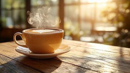 Obraz premium A steaming cup of coffee on a wooden table in a sunlit caf? with plants in the background