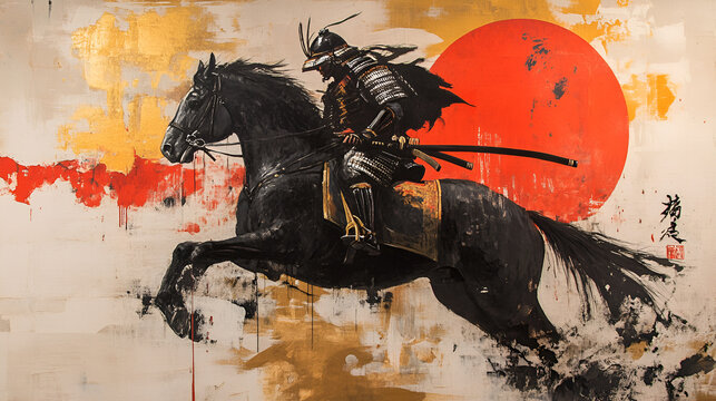 Artistic Style Painting of Japanese Samurai Riding A Horse Aspect 16:9 