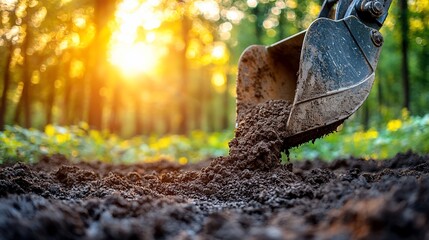 Excavator scoop lifting rich soil in a sunlit forest clearing, showcasing nature's beauty
