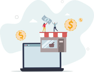 Online business as ecommerce shopping business model.Sell products on internet using website and digital payment systems.flat characters.