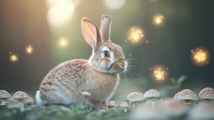 Fototapeta premium surreal depiction of rabbit surrounded by floating glowing mushrooms in magical forest
