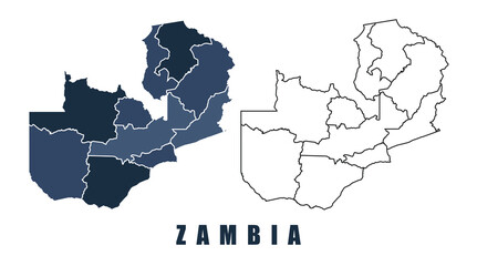Zambia map regions border outline vector set