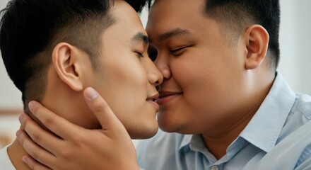 Fototapeta premium Romantic moment between two young asian men in a close embrace celebrating love and connection