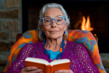 Fototapeta premium Elderly book lover with an open novel, sitting in a traditional rocking chair, reading by the fire, fully absorbed in her intellectual passion, enjoying a restful moment.