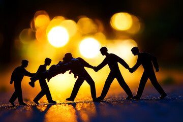 Obraz premium Silhouetted figures collaborate, carrying a comrade, backlit by a vibrant sunset.