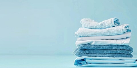 a neat stack of clean laundry, a horizontal banner for a cleaning company or laundry, a poster, a minimalistic blue background, copy space, free space for text