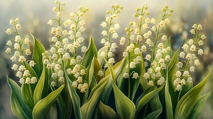 Fototapeta premium Lily of the Valley Watercolour Painting Delicate Spring Flowers for Home Decor, Cards, and Springtime Designs.