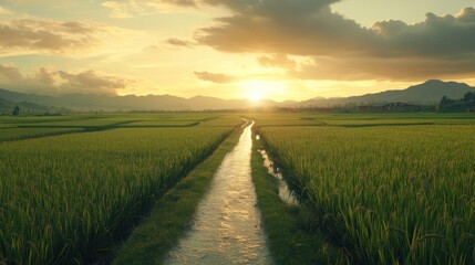 Obraz premium Sunset over rice paddy fields, irrigation canal, mountain background; idyllic travel scene