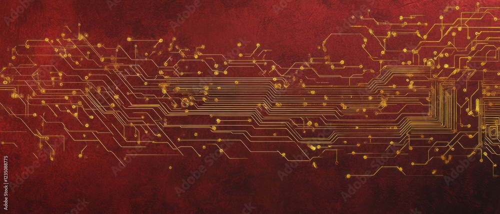 Fototapete Gold circuit board pattern on textured red background for technology, abstract or futuristic use